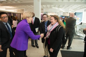 Westfield State Organizers Chris Gullen and Hanna Homan talk with Senator Elizabeth Warren on 2/1/16